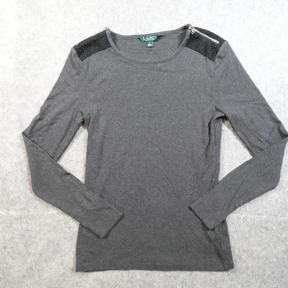 Ralph Lauren Top Womens Medium Zipper Shoulder Patch Gray Long Sleeve Crew Neck